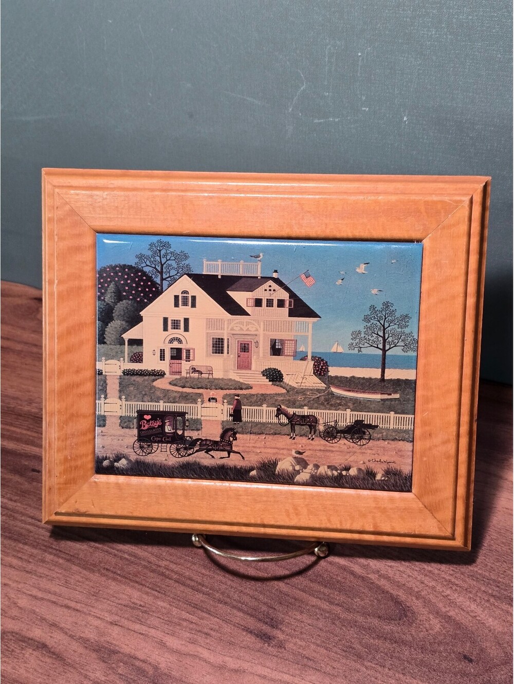 Vintage Charles Wysocki Framed Ceramic Tile Cape Cod Coastal Wall Art